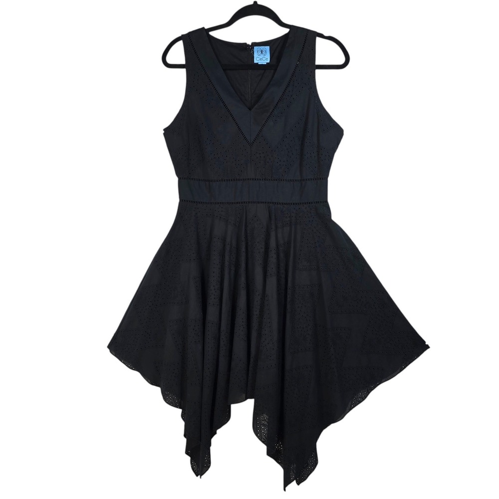 CeCe Black Eyelet Handkerchief Hem Sleeveless V-Neck Cotton Dress Size‎ 8